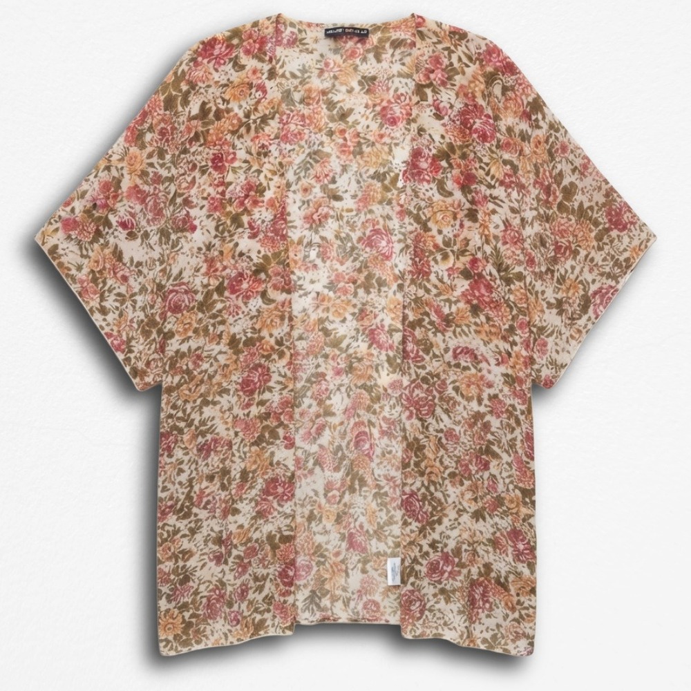 Brandy Melville Floral Kimono Wrap One Size Pink Cream Rose Print Coverup
